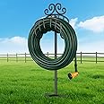 AMAGABELI GARDEN & HOME Hose Holder for Outside Freestanding Holds Heavy Duty Metal Detachable Rustproof Hose Stand Hanger Decorative Water Hose Storage With Ground Stakes Garden Lawn Black