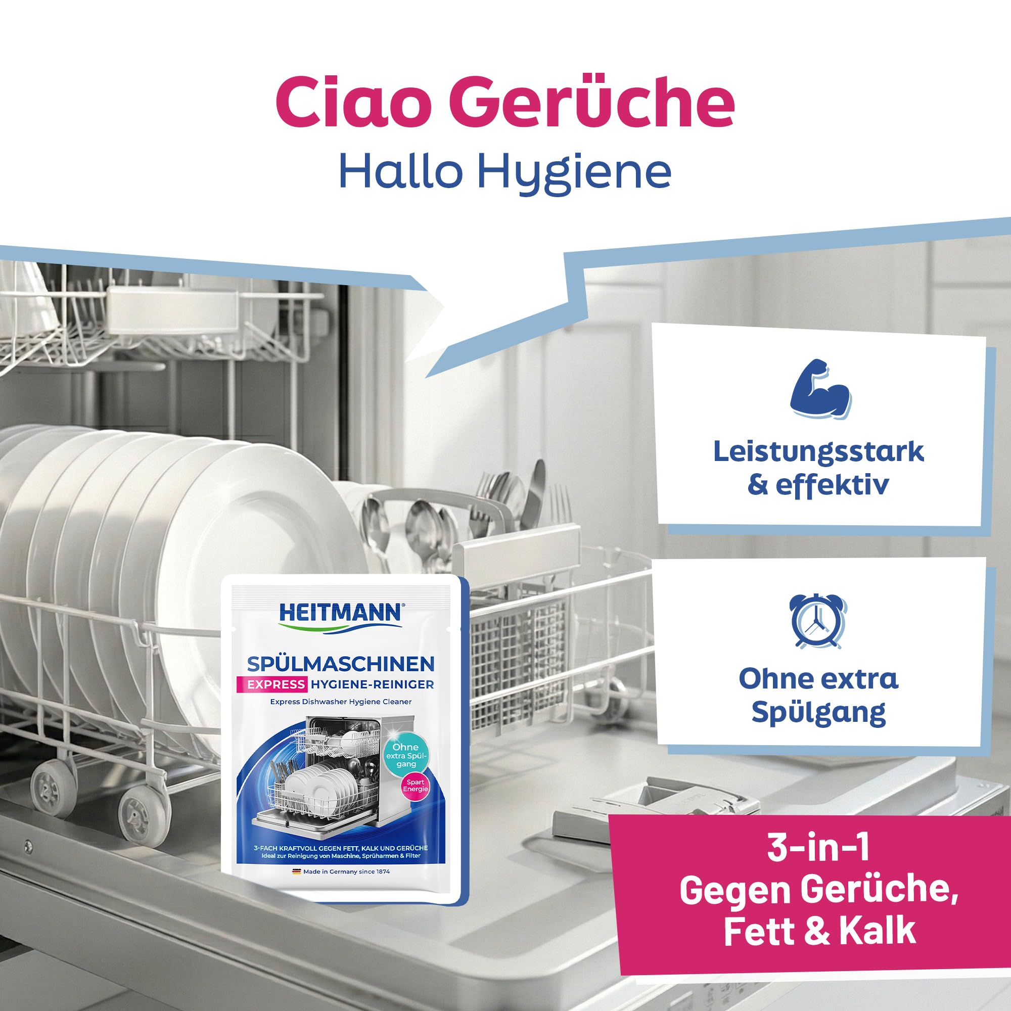 HEITMANN Spülmaschinenreiniger Express Hygiene-Reiniger 30 g | Dreifach-aktiv gegen Fett, Kalk & Gerüche | Maschinenreiniger für Spülmaschine | Für Sprüharme, Filter & Innenraum 2