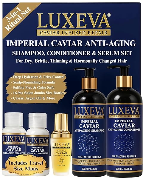 LUXEVA 3 IN 1 IMPERIAL CAVIAR HYDRATING SHAMPOO & CONDITIONER SET FOR BOND REPAIR, DRY, DAMAGED & ANTI-AGING HAIR CARE. MOISTURIZING SULFATE FREE SHAMPOO & CONDITIONER FOR WOMEN, MEN | 90 DAYS SUPPLY