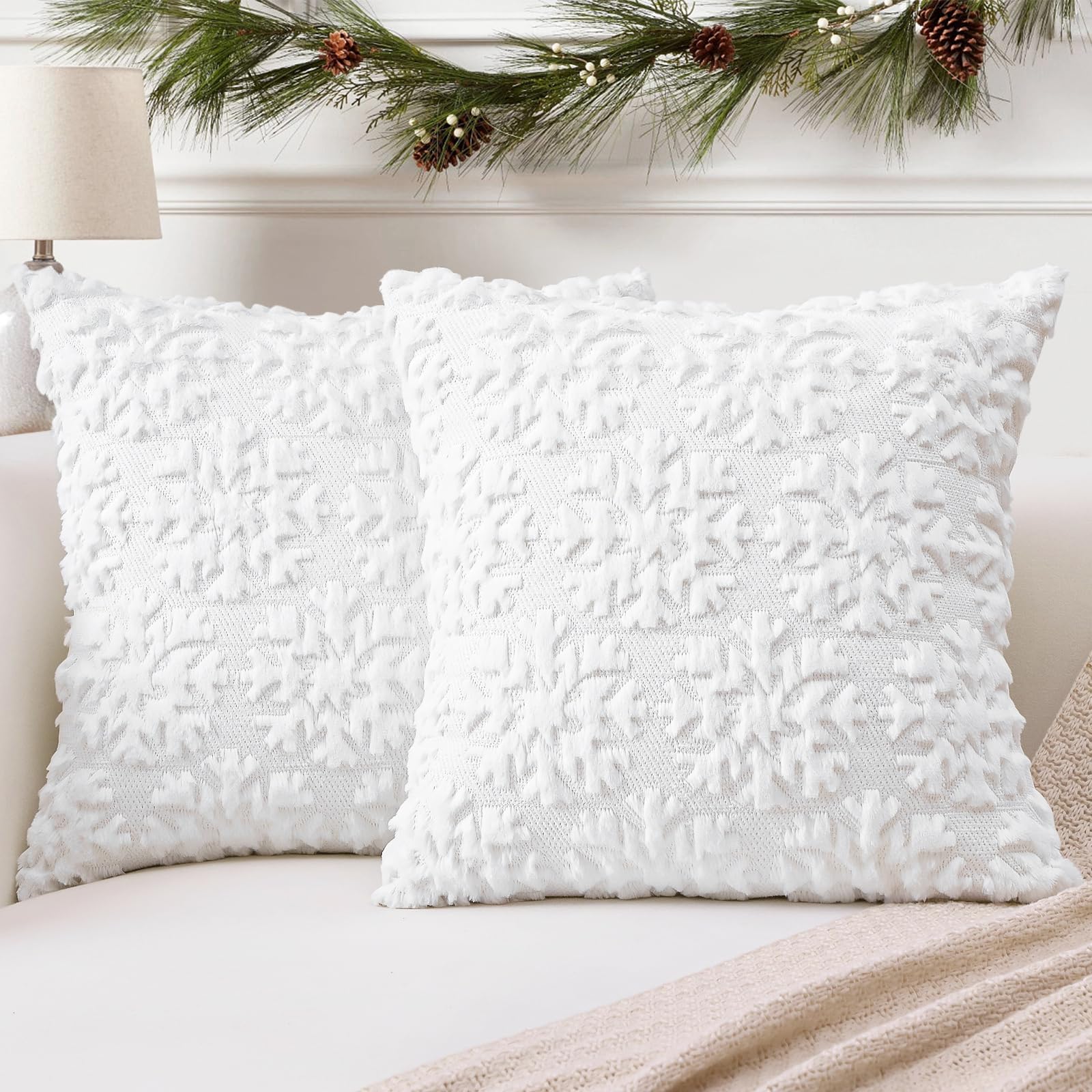 Artscope Set of 2 Xmas Soft Plush Short Wool Velvet Decorative Cushion Covers 60x60cm Square Luxury Style Throw Pillow Covers Pillow Shell for Sofa Bedroom Christmas Snowflake White
