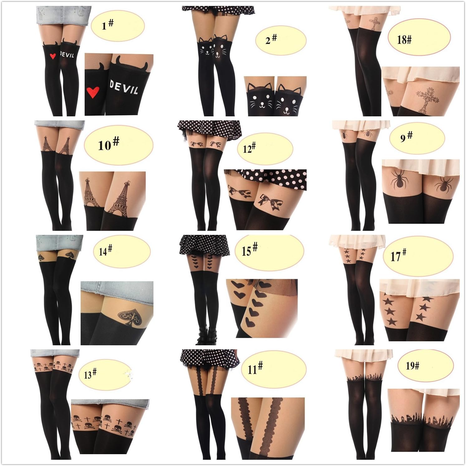 Fun Daisy Cute Tattoo Socks Sheer Pantyhose Tights Stockings (#2 Cats)