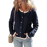 Watashi Long Sleeve Sweater for Women Casual Button Up Colorblock Cable Knit Round Neck Fall Winter Cardigans Coats