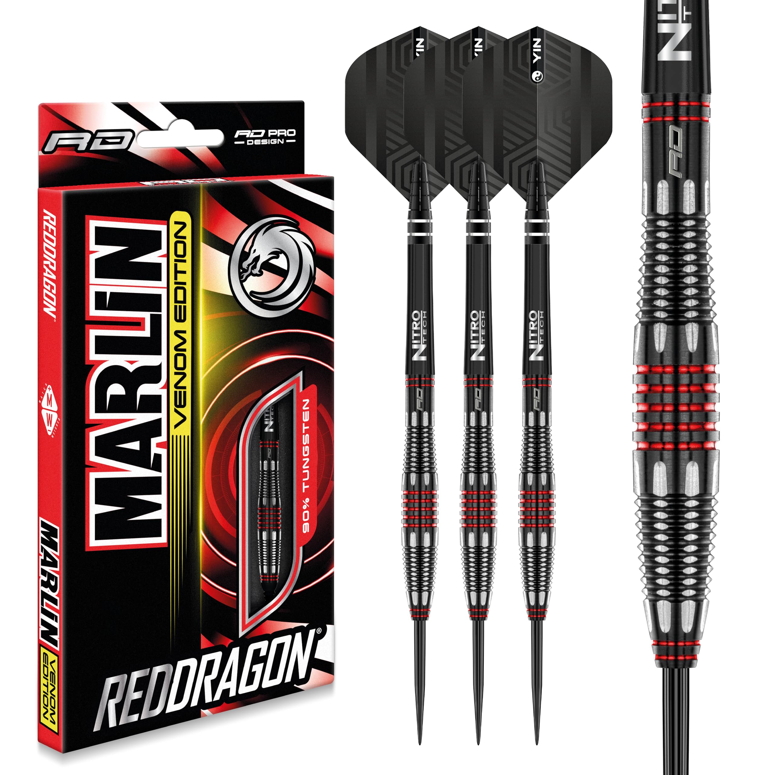 RED DRAGON Marlin Venom 24g Professional 90% Tungsten Steel Tip Darts Set – Aero Grade Midpoint Flexion Barrel with Hardcore Flights & Nitrotech Ultra Stems