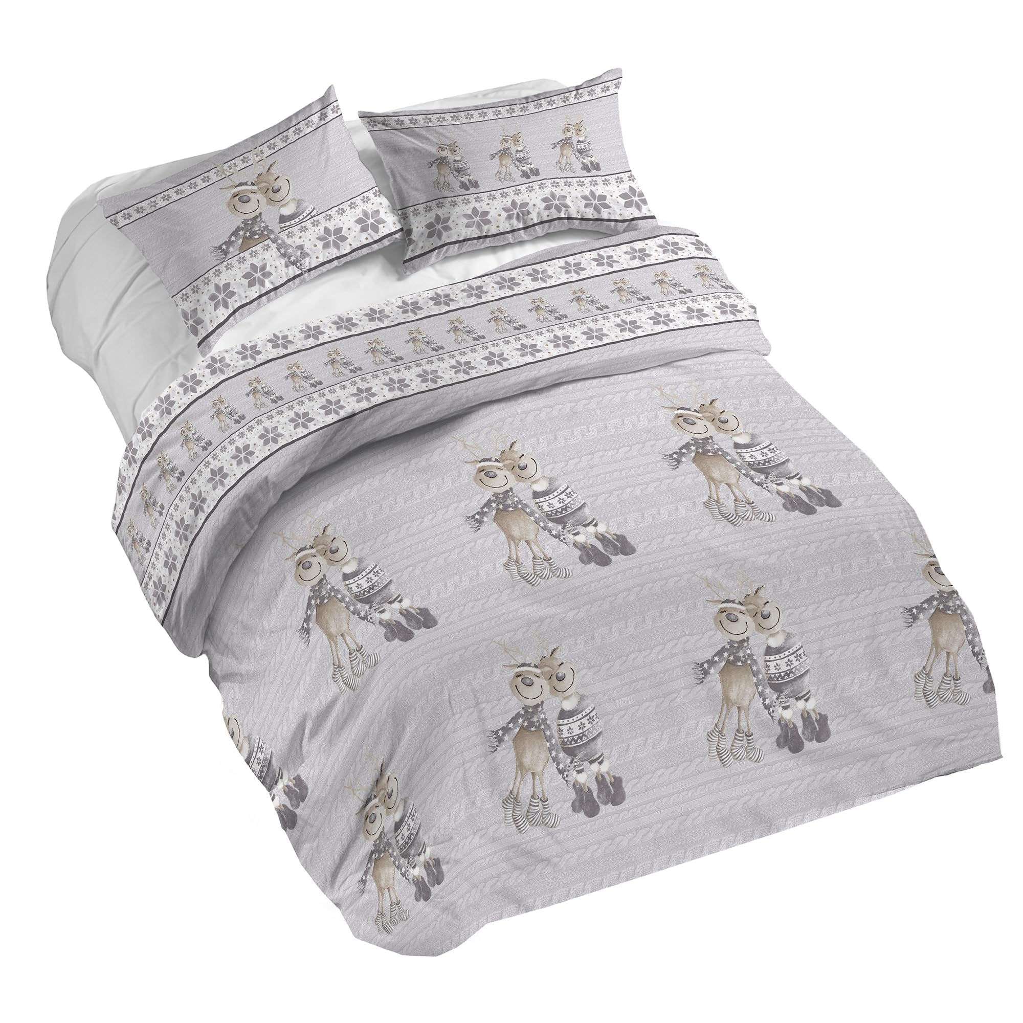 PENSIERI DELICATI Duvet Cover, Cotton, Grey Reindeer X2, Queen-Size Bed