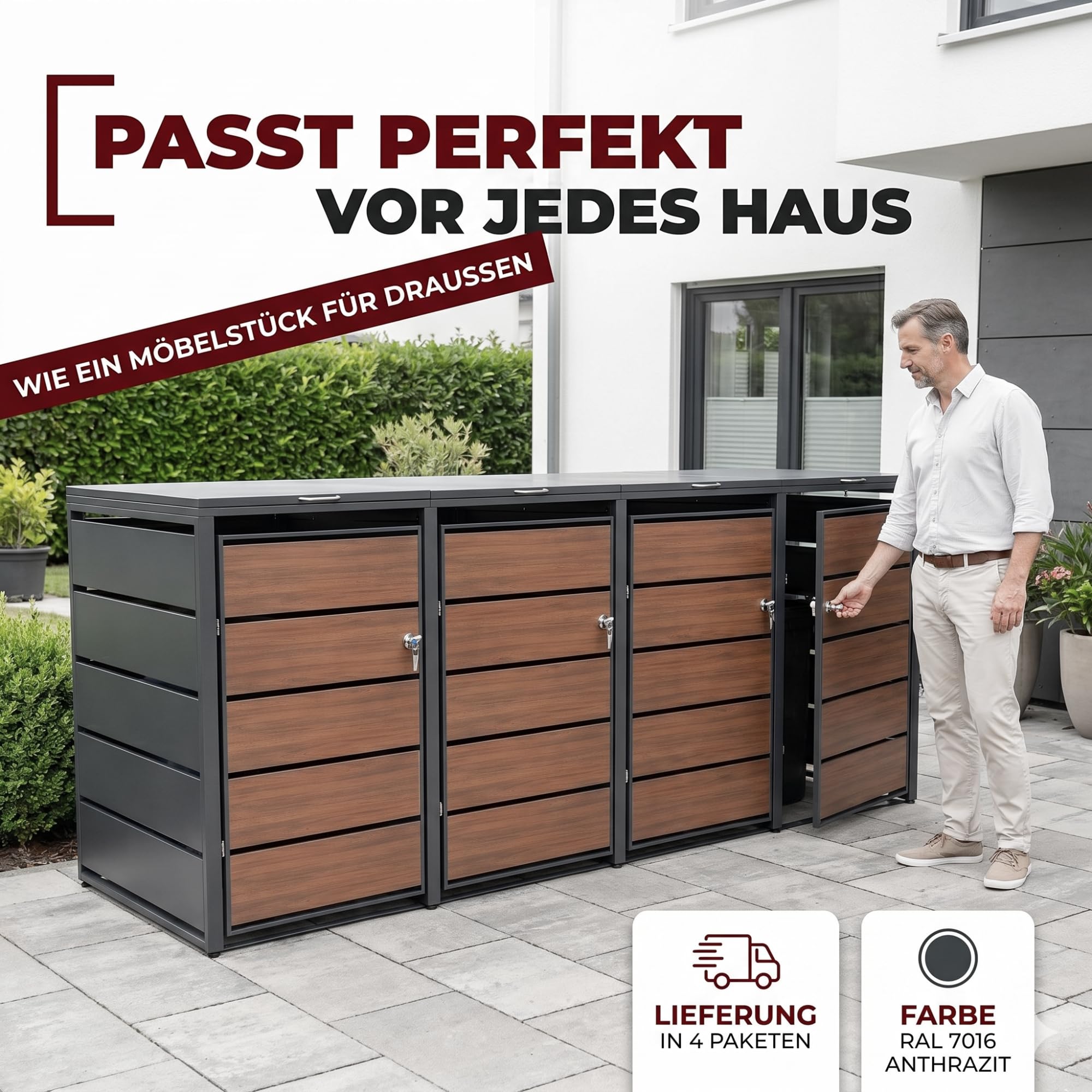 ALBATROS Mülltonnenbox 4er Holzdekor | Metall, 120-240L, abschließbar 5