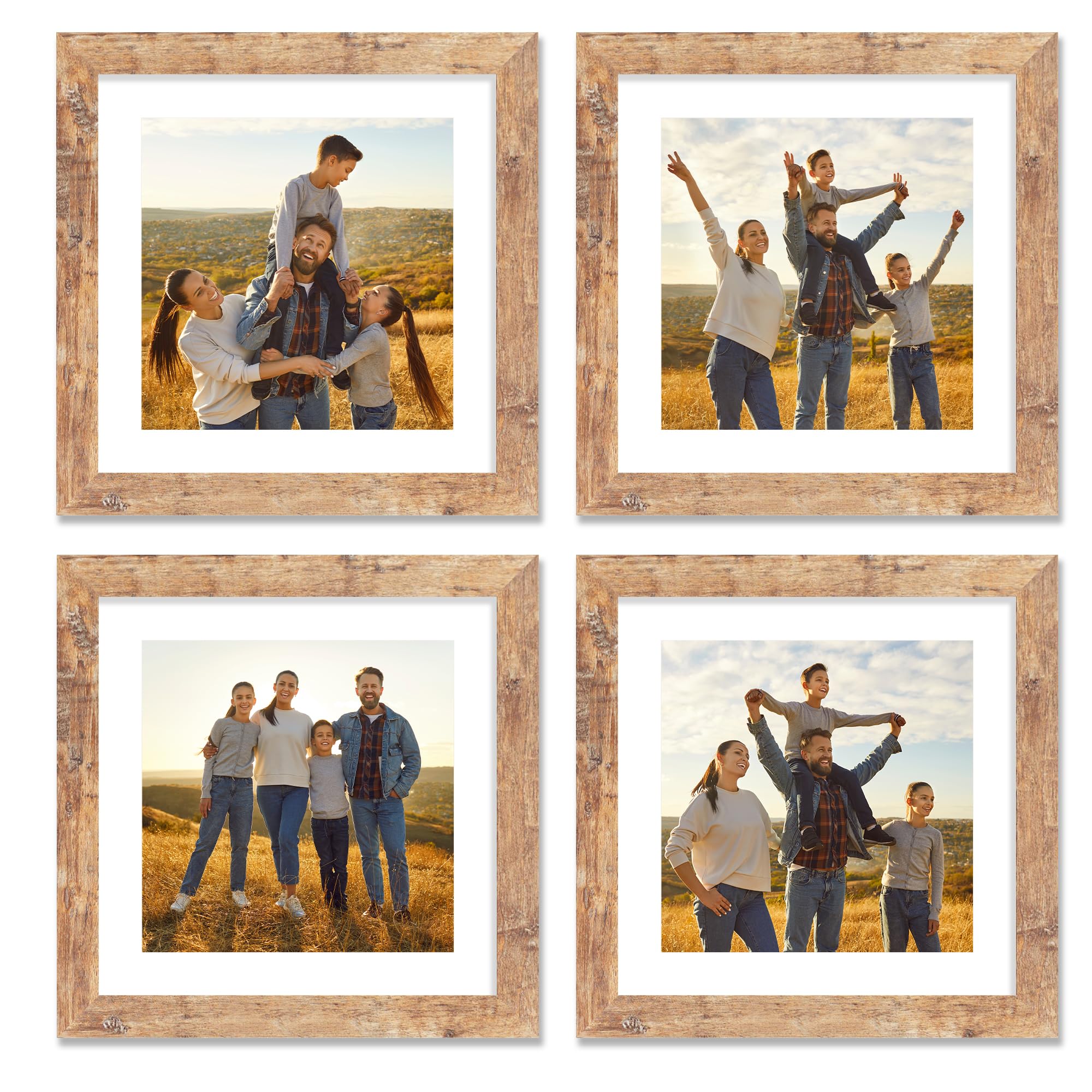 Photo 1 of iRahmen 10x10 Picture Frame Set of 4, Rustic Picture Frames with HD Glass, Display 8x8 Picture Frame with Mat or 10 x 10 Without Mat, Wood Square Frame for Desktop Display and Wall Mounting