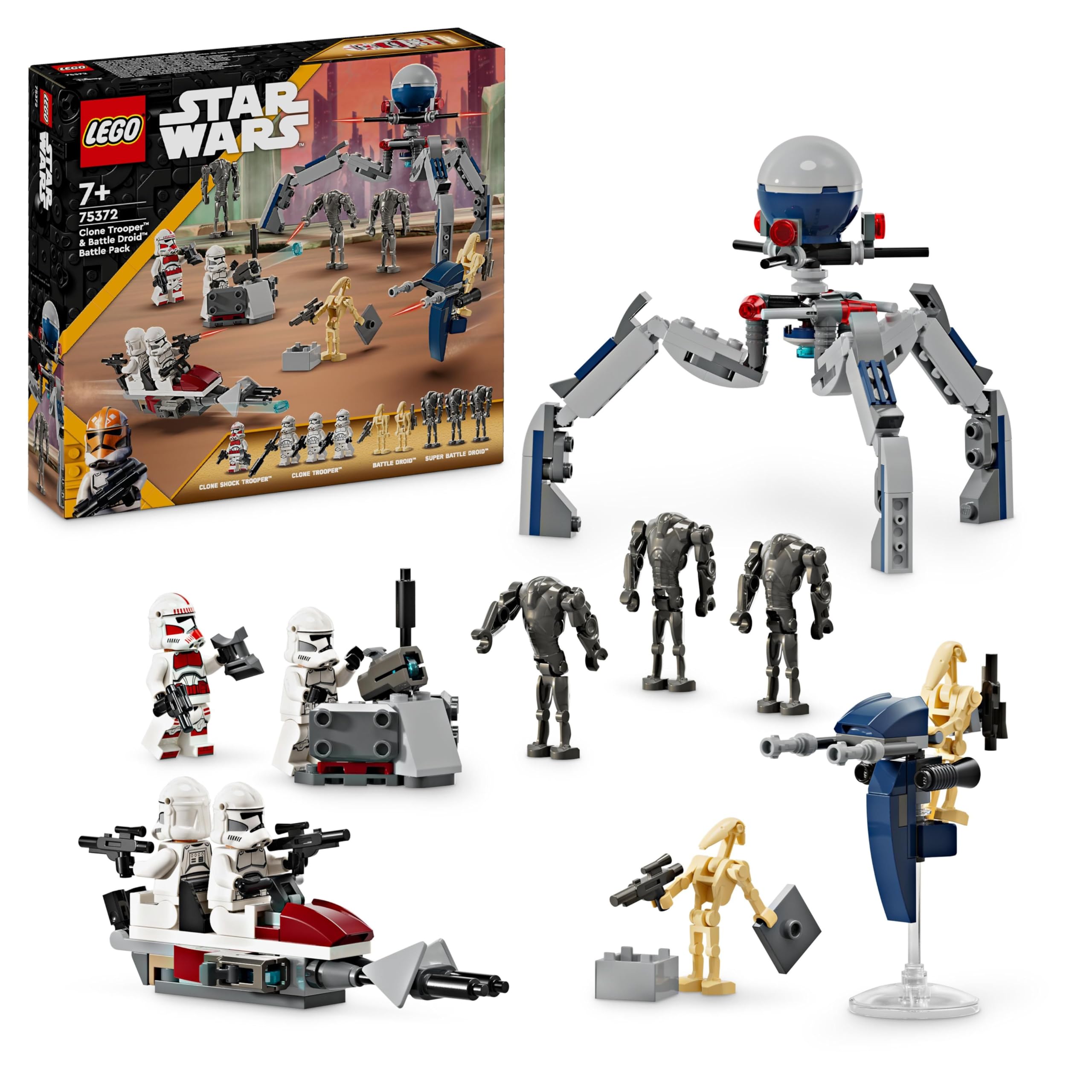 LEGO Star Wars 75372 Clone Trooper & Battle Droid Battle Pack, inkl. 4 Minifiguren, 5 Droiden und Speeder Bike mit Shooter - Bauspielzeug für Jungen und Mädchen ab 7 Jahren