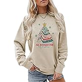 All Booked For Christmas Sweatshirt Women' Cute Book Christmas Tree Colorful Lights Snowflakes pattern Holiday Tops