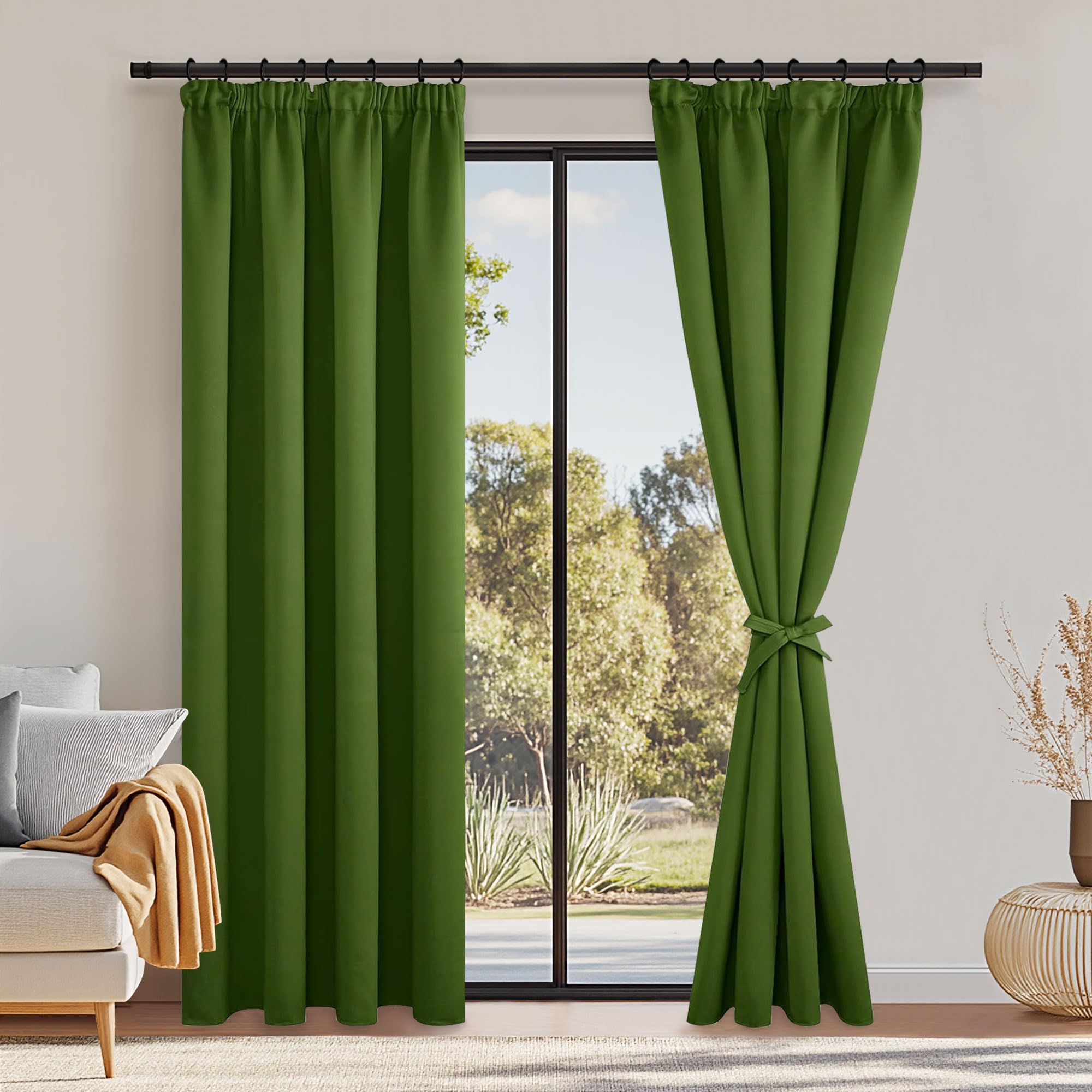 DWCN Wide Blackout Curtains Room Divider Curtain Thermal Insulated Room Darkening Pencil Pleat Window Drapes for Living Room 66 x 90 Inch Length, Green, 2 Panels