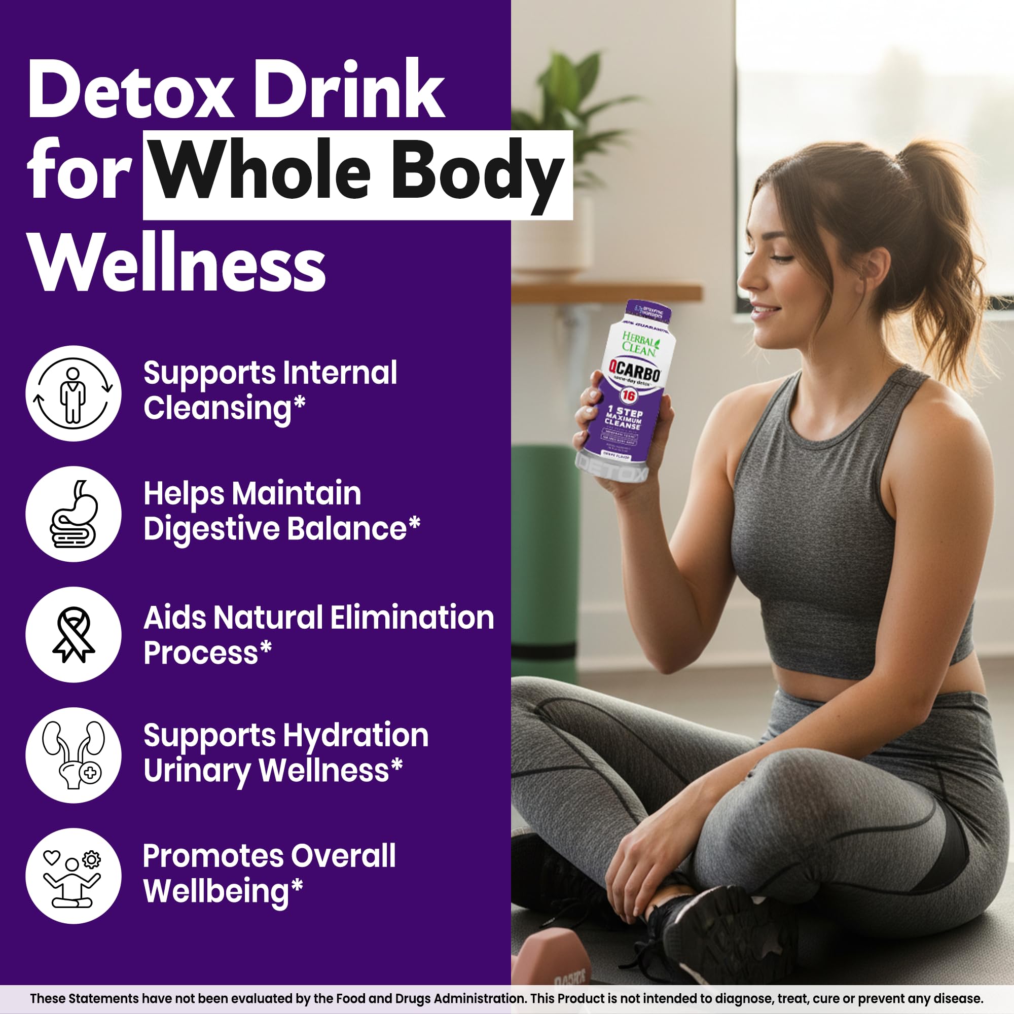 Herbal Clean Qcarbo16 Same-Day Detox Cleanse Drink (16 fl oz) - Grape Flavor Full Body Cleanse* Detox Drink for Moderate Toxin Level*, Vitamin B2 and Vitamin B12 for Men & Women