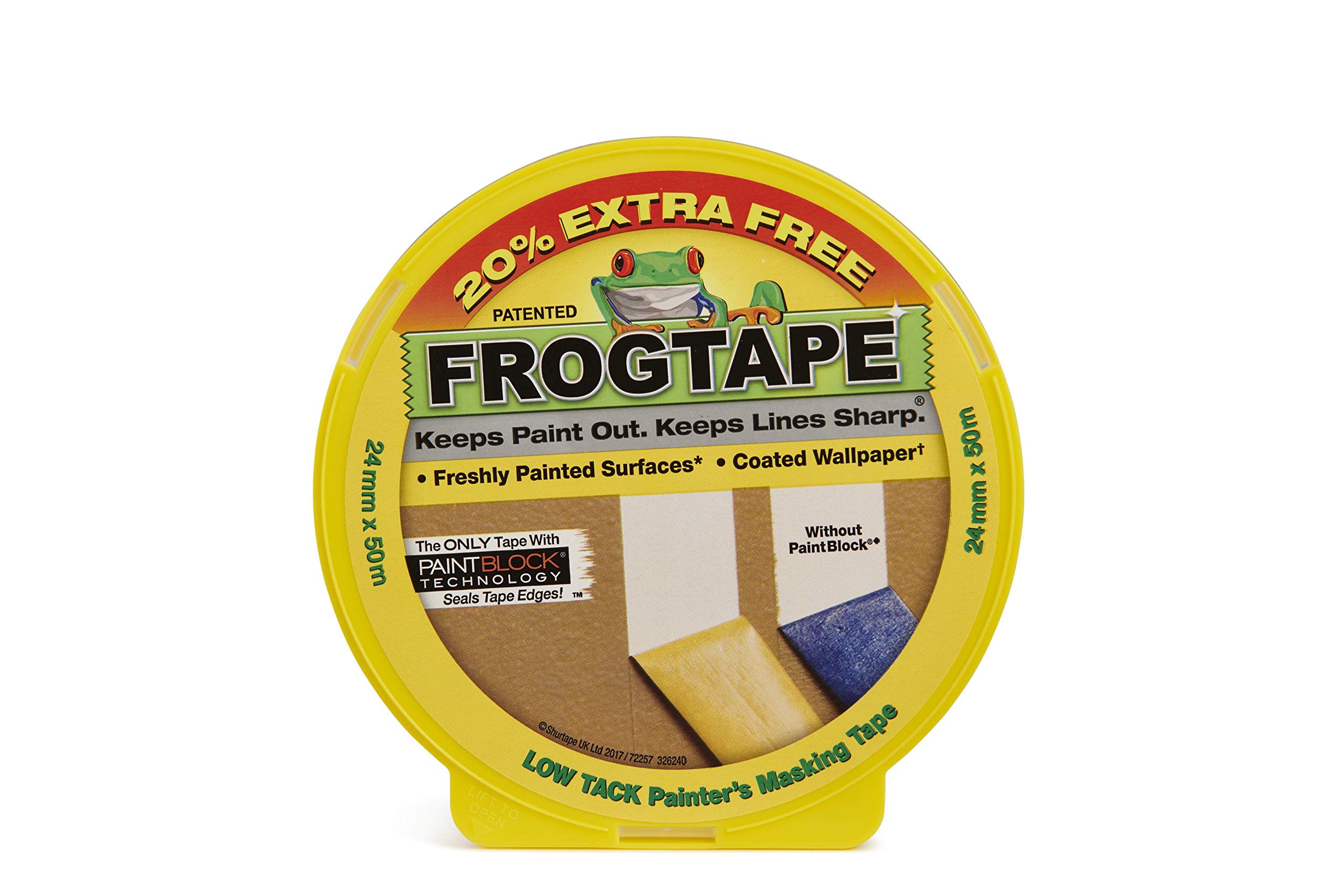 Frog Tape Yellow Delicate Surface Painters Masking Tape 24mm x 41.1m +20% Extra. Indoor painting and decorating for sharp lines and no paint bleed