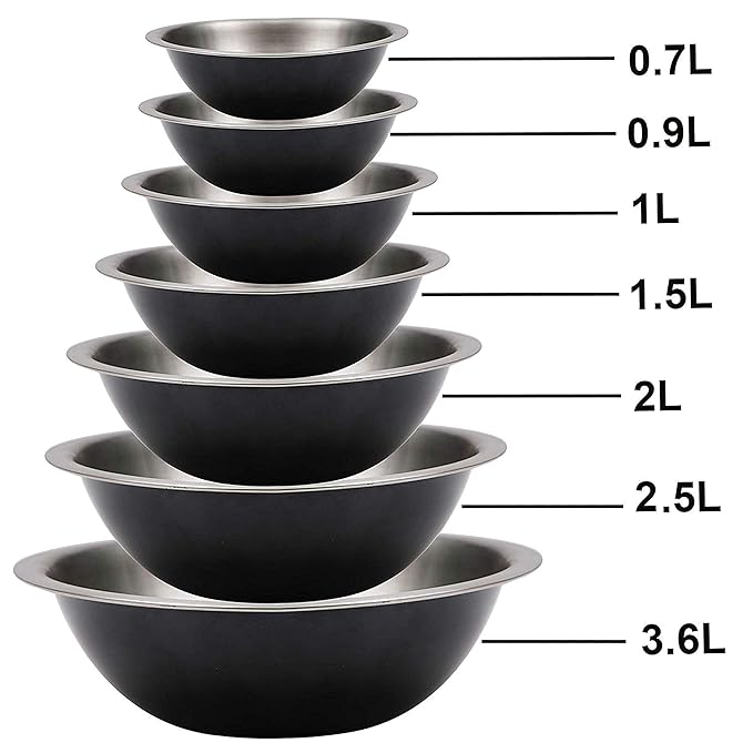 7 tlgs. Rührschüssel Edelstahl Set Stapelbar – Schwarz Matt Edelstahl Schüssel Salatschüssel&Servierschüssel Set für Salat, P