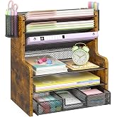 DAOUTIME 6-Tier Mesh Desk Organizer with Drawer, Wooden Office Organizer for Papers, Folders &amp; Office Supplies - Sturdy Desktop File Holder with 2 Pen Holders - Space Saving Home Office Accessories
