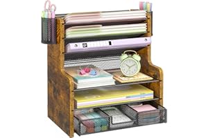 DAOUTIME 6-Tier Mesh Desk Organizer with Drawer, Wooden Office Organizer for Papers, Folders & Office Supplies - Sturdy Desktop File Holder with 2 Pen Holders - Space Saving Home Office Accessories