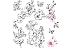 CRASPIRE Cherry Blossom Butterfly Clear Rubber Stamps Spring Flowers Floral Reusable Transparent Silicone Stamp Seals Vintage