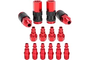 Connect Air Fittings Set, 1/4" Npt Air Coupler and Plug Kit, Air Quick Connector Male and Female, Pack of 14 (Red Aluminum)