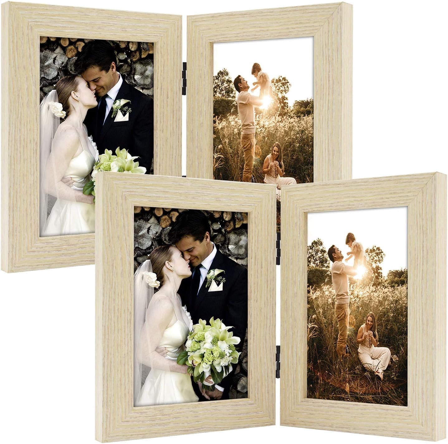 Golden State Art, 4x6 Double Picture Frame Vertical Hinged Photo Frame 2 Opening Folding Family Frames Collage, with Real Glass (4x6, Beige, 2-Pack)