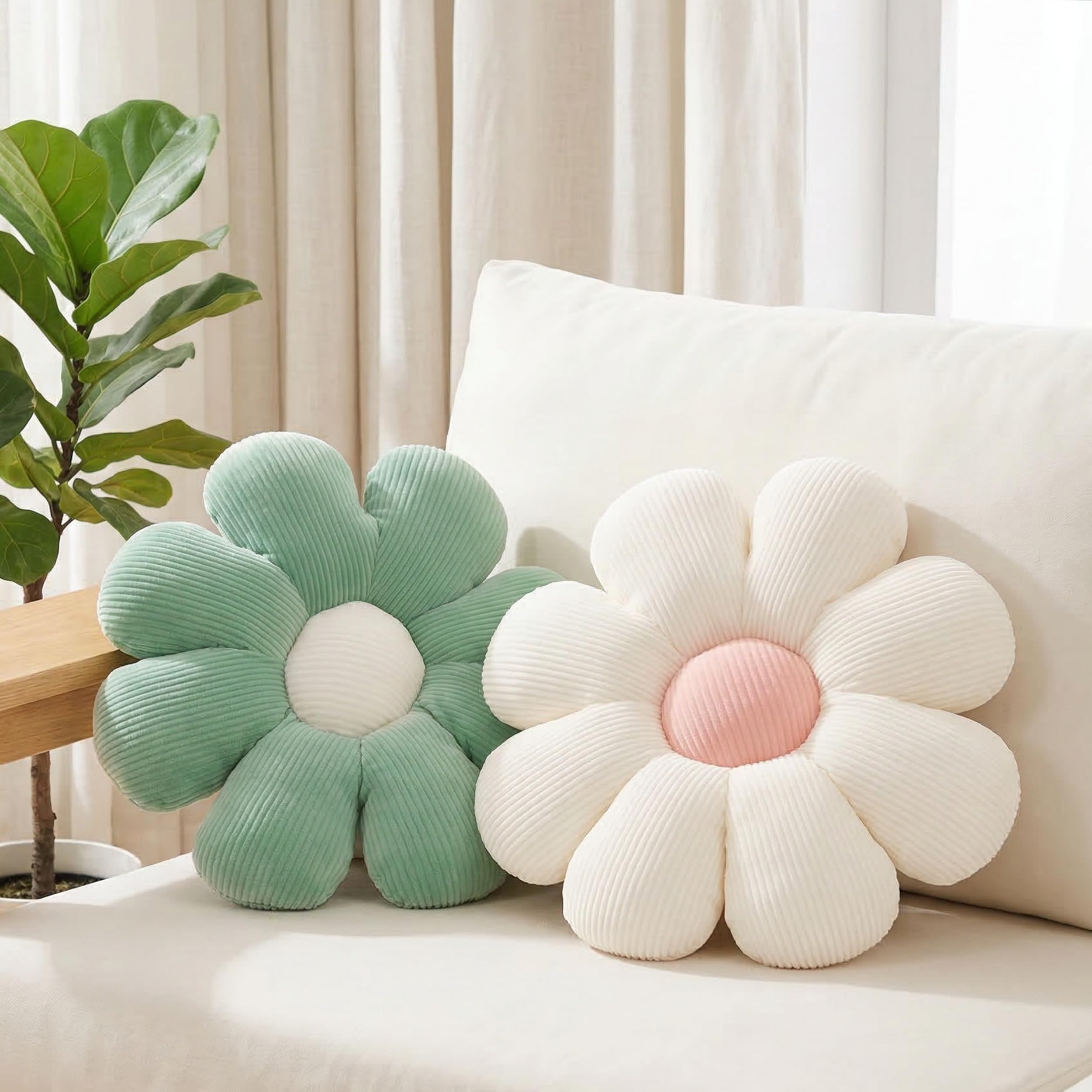 FSRONGXI 2pcs Daisy Flower Cushion Sage Green Throw Pillows, Cute Flower Pillows Floor Cushions for Bedroom Sofa Chair Decor (Green & White, 38x38cm)