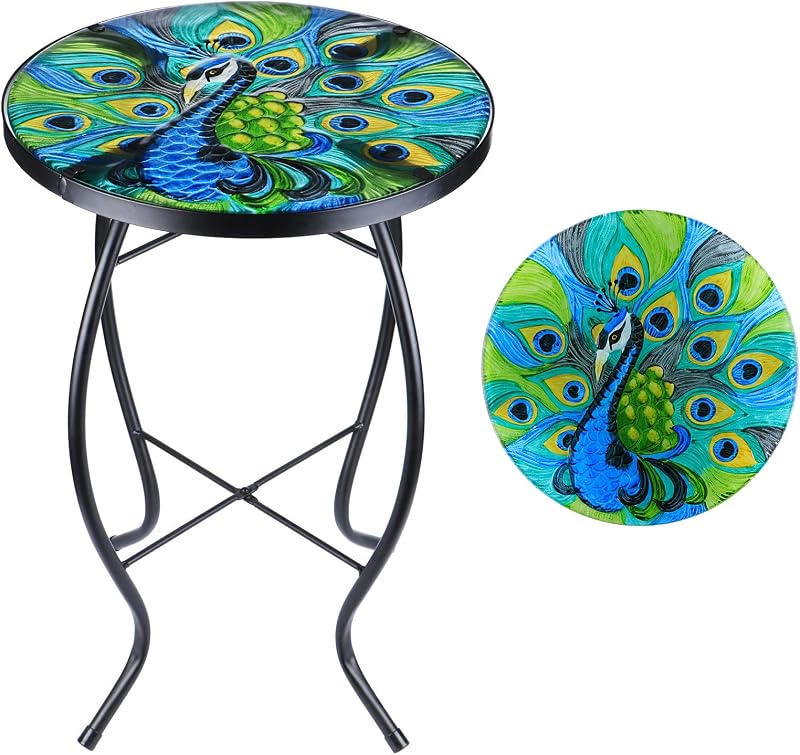 MUMTOP 14'' Round Peacock Glass Metal Side Table for Indoor & Outdoor Use