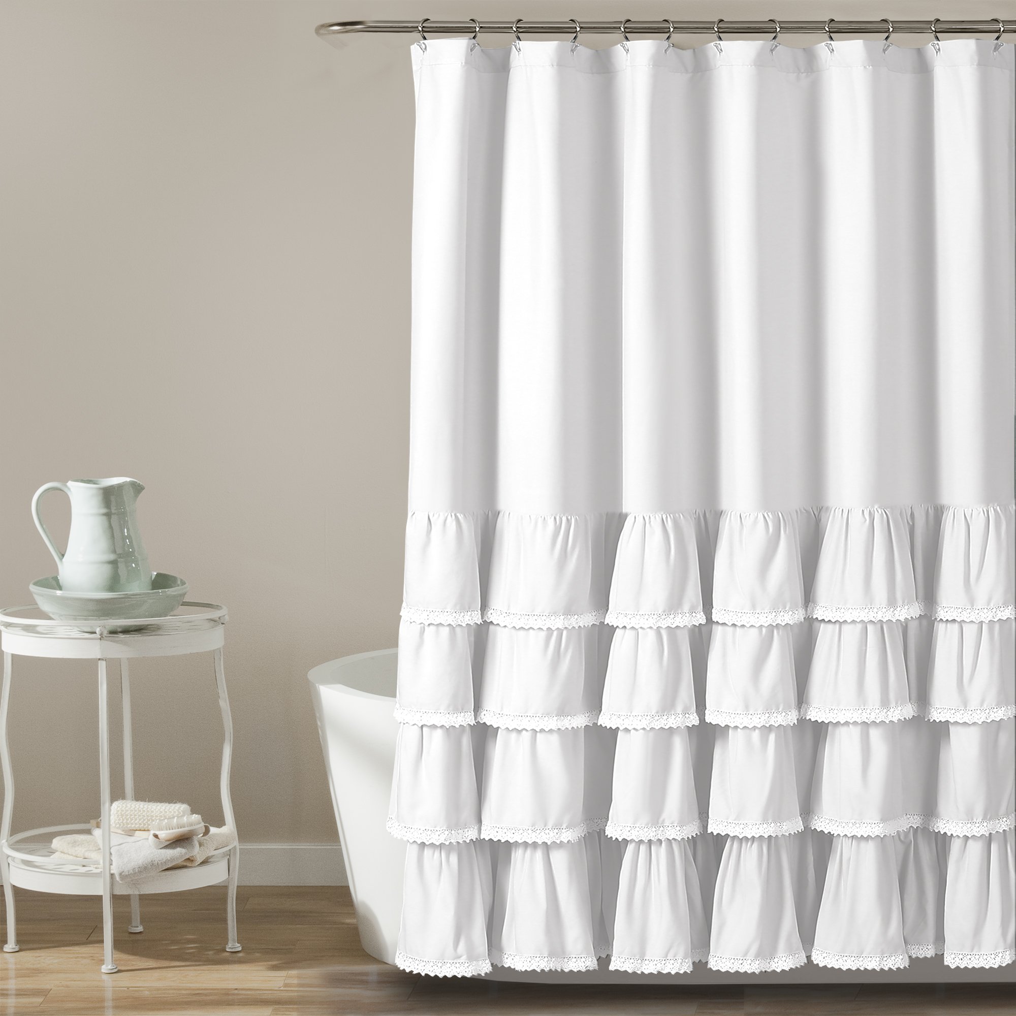 Lush Decor Ella Shower Curtain with Ruffle Lace Design | Shabby Chic Farmhouse Style Bathroom, 72” x 72”, White
