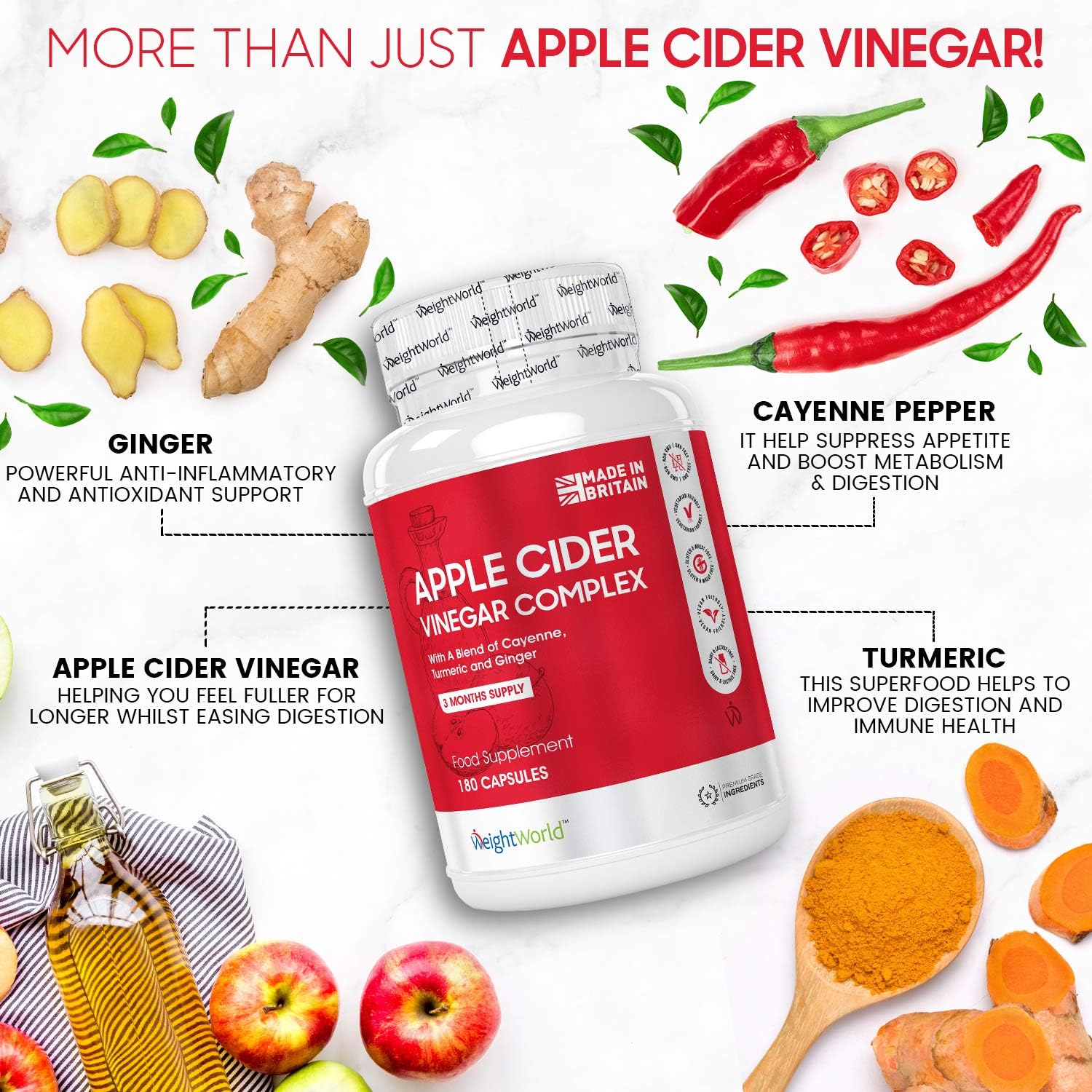 Apple Cider Vinegar Capsules 1860mg, 2 Months Supply, 180 Capsules, 4 Probiotic Strains (2 Billion CFUs), with Cayenne Pepper - Image 3