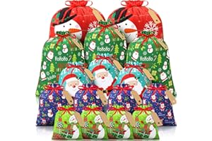 FLOE 16 PCS Christmas Drawstring Gift Bags with Tags, Large Xmas Gift Bags Assorted Sizes Bulk, Jumbo Medium Small Holiday Gift Bags Cotton Fabric Gift Wrapping Bags for Christmas Presents Party Favor Sack