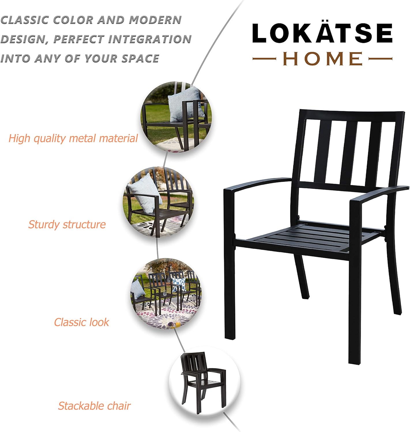 LOKATSE HOME Steel Outdoor Patio Dining Arm Chairs Set of 4 for Garden, Backyard, Kitchen, Balcony, Black : Garden & Outdoor