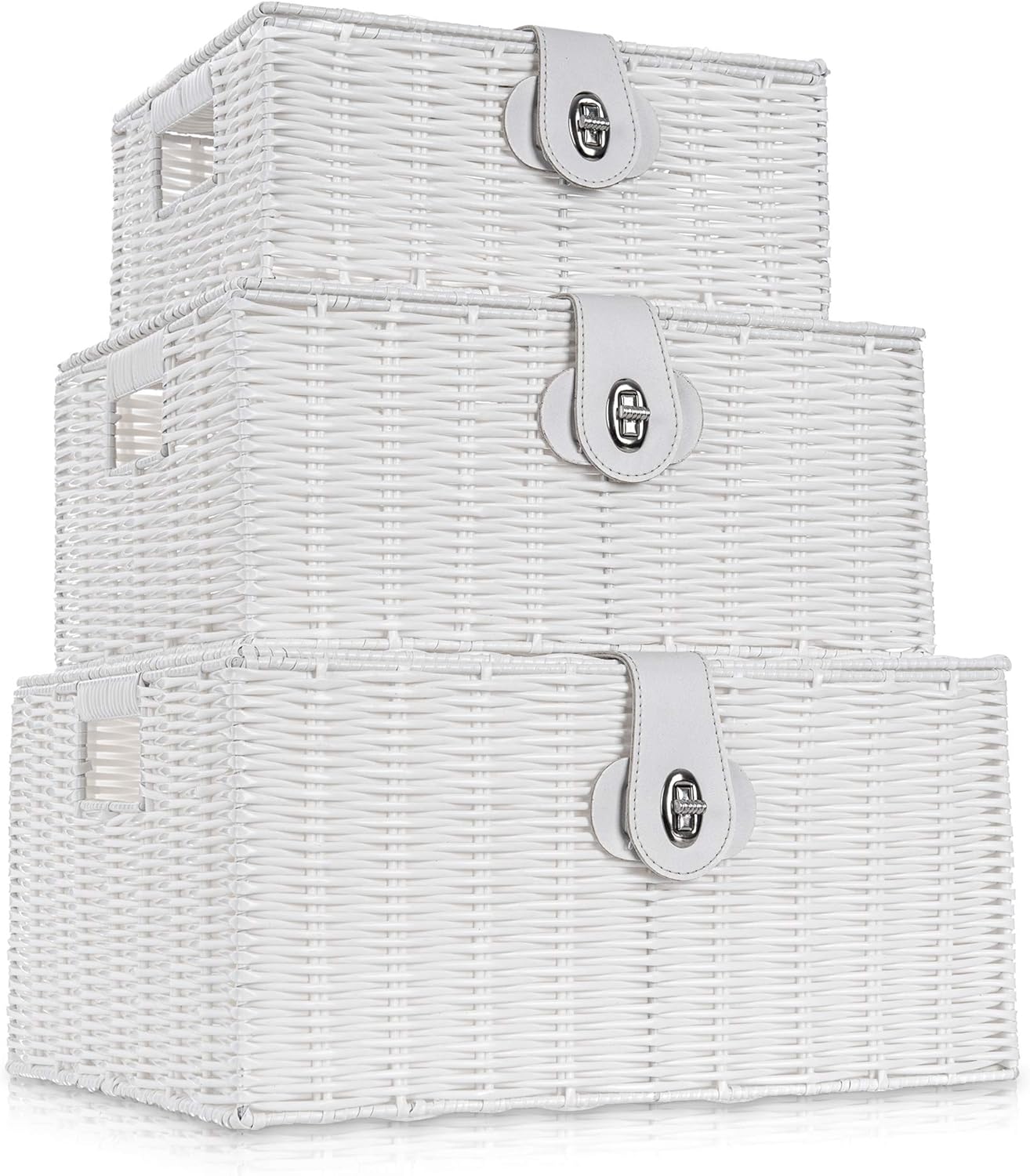 LIVIVO Set of 3 Resin Woven Wicker Hamper Basket Storage Box with Lid