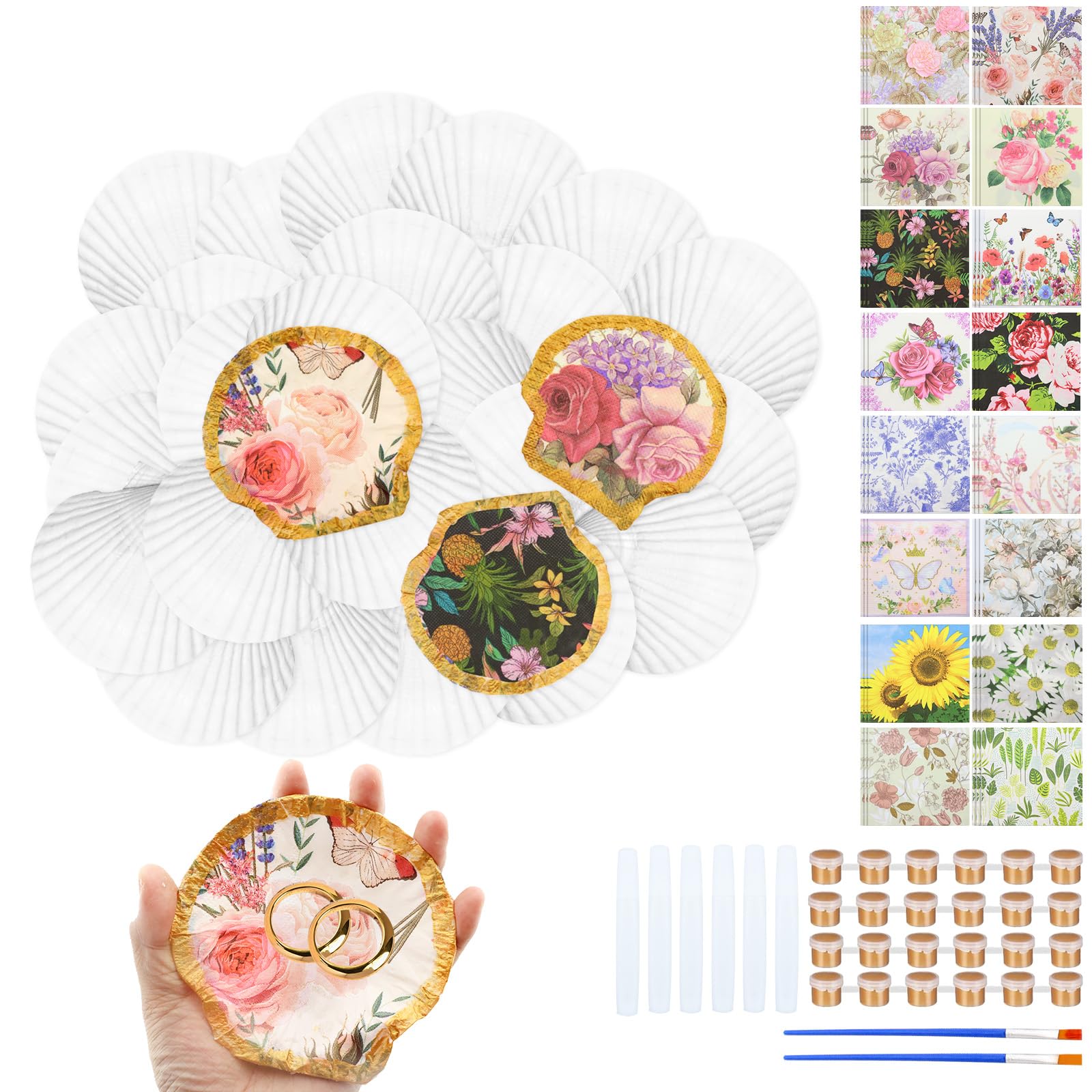 Photo 1 of *** DAMAGE TO SHELLS ***Adboros 24 PCS Scallop Shells for Crafts 4''-5'' White Natural Beach Shells Bulk with 48 PCS Decoupage Paper Napkin Acrylic Paint Strips and Brushes for Decoupage DIY Crafts Seashell Home Decor