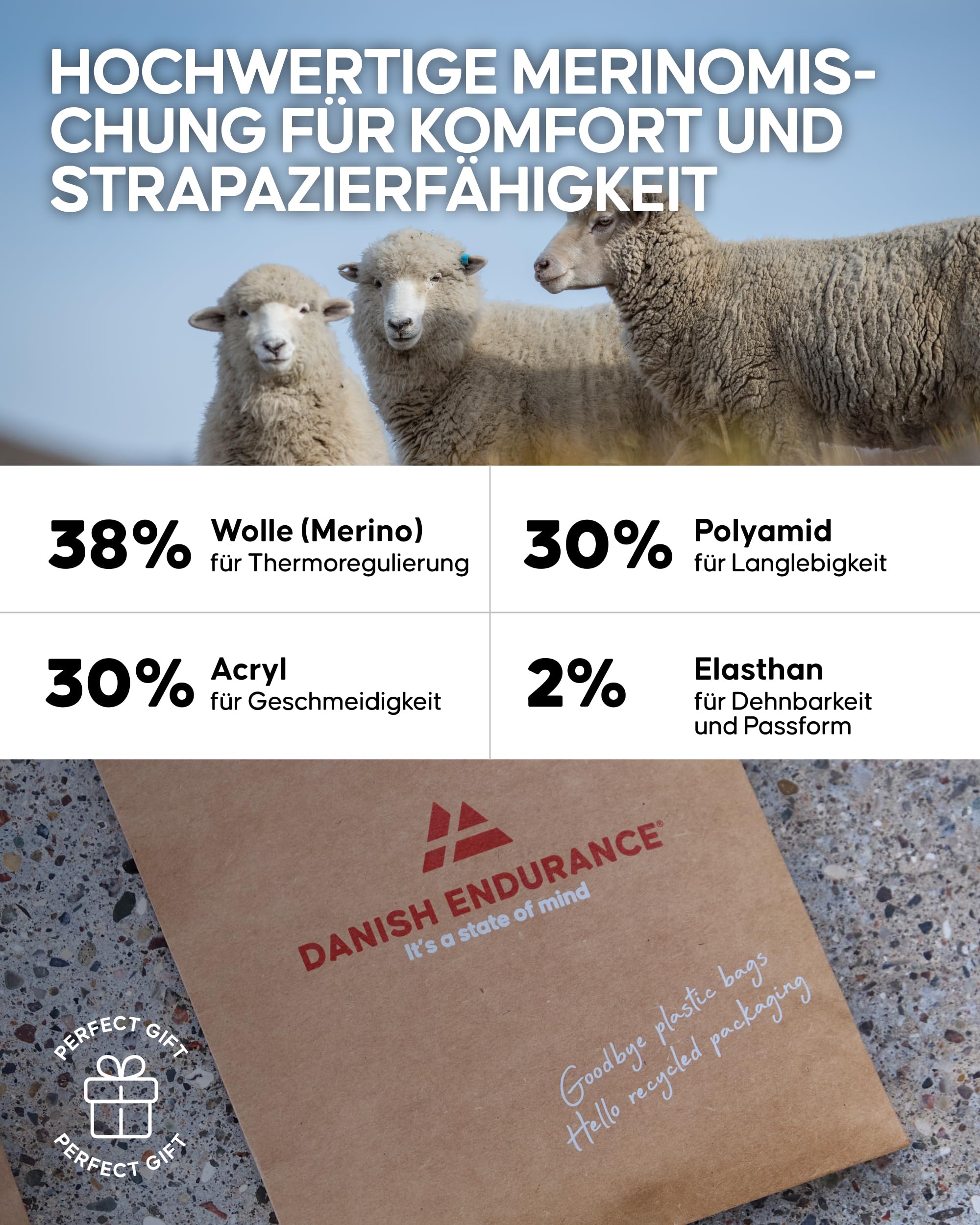 DANISH ENDURANCE Leichte Merino Wandersocken, 3 & 5 Paar, Schwarz, 43-47 5