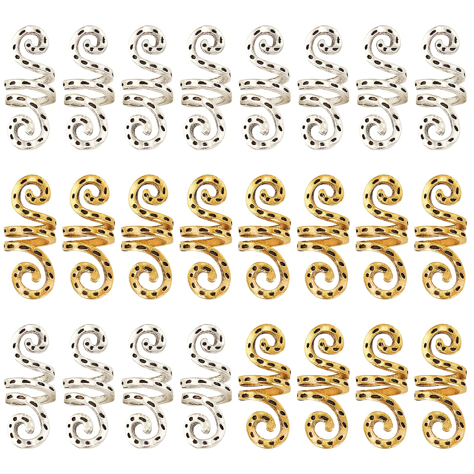 NBEADS 40 Pcs Hair Coil Cuffs, Plated Alloy Hair Beads Dread Cuff Coils for DIY Crafts Making Hair Decorations Accessories, Antique Silver & Golden