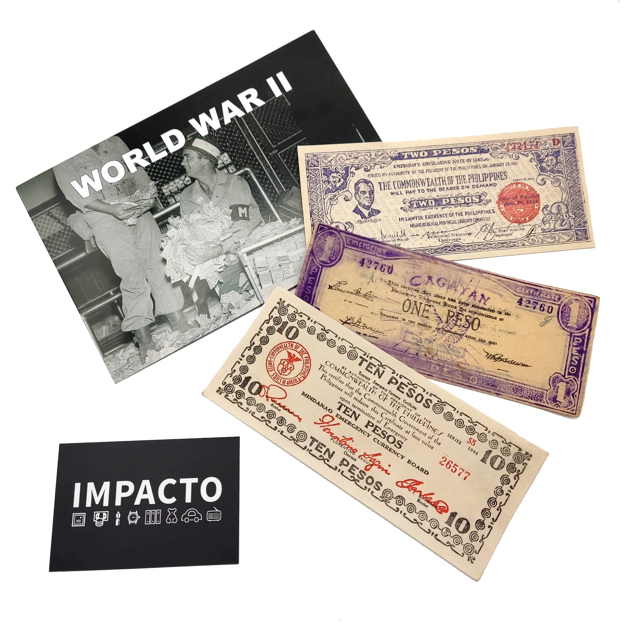 IMPACTO COLECCIONABLES - WW2 World Currency - 3 Banknotes Used During The World War 2 by The Guerrilla (Philippines 1941-1945) - The Death Sentence Money, Certificate of Authenticity Included.