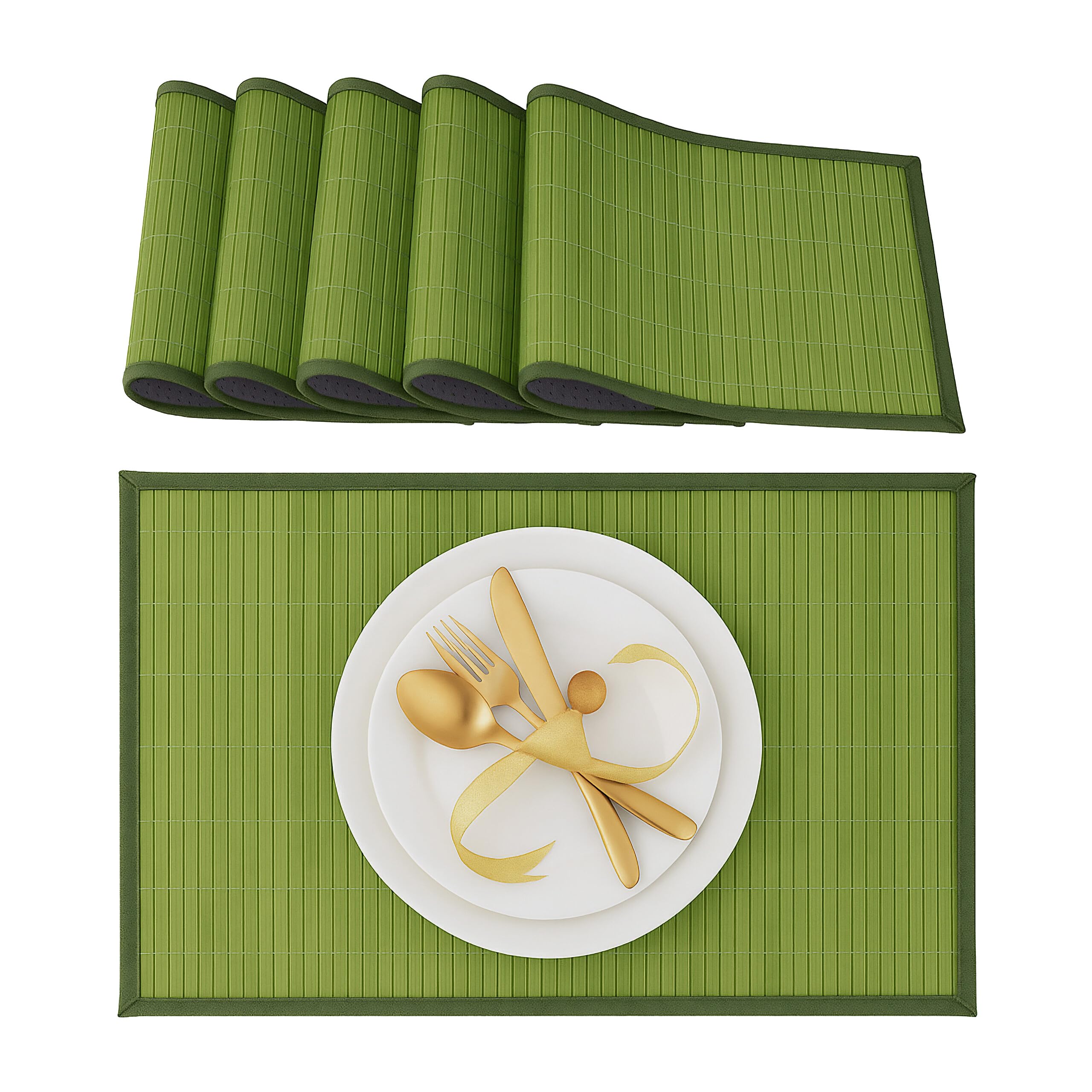 Relaxdays Place Mat Set, 6x Coaster, Tableware, Drinks, Table Protector, Square, 45 x 30 cm, Bamboo, Stylish, Green