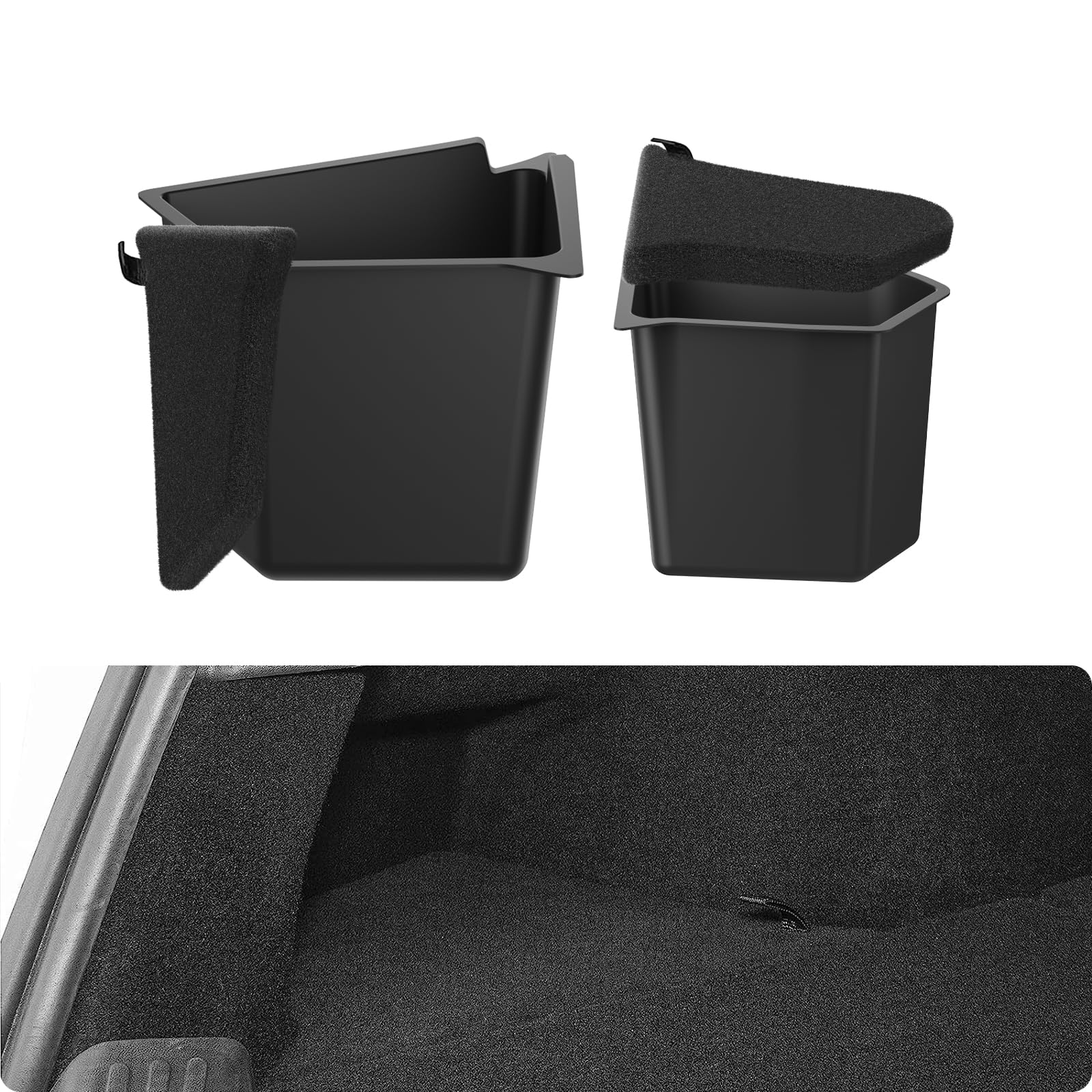 Photo 1 of BASENOR New Version 2022-2025 Tesla Model Y Trunk Organizer Waterproof Rear Trunk Storage Bins Side Box with Carpeted Lip Interior Accessories Set of 2 for Model Y 5-Seater