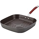 Rachael Ray Cucina Hard Anodized Nonstick Grill/Deep Square Griddle Pan, 11 Inch, Gray with Red Handles