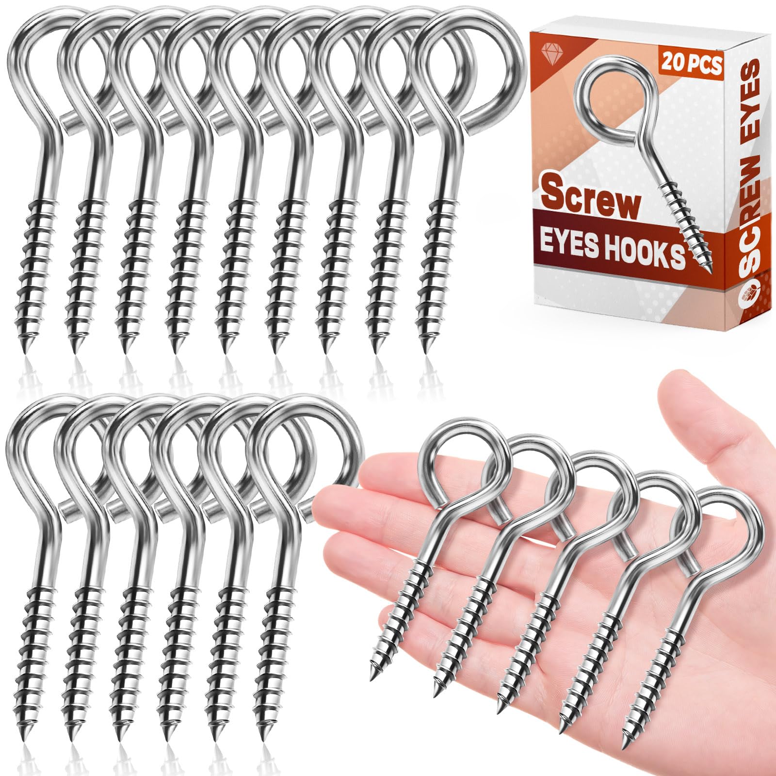 FFWHKON 20 Pcs 2.5 Inch Eye Bolts Screw in Heavy Duty, Sturdy Stainless Steel Eye Hooks, Anti-Rust Self Tapping Eyelet Screws for Securing Cables Wires, Hanging Lights, Indoor & Outdoor Use