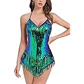 IDOPIP Women Sequin Fringe Bodysuit Sparkly Tassel Leotard Romper Women's Latin Dance Dress Sexy Festival Rave Party Outfits