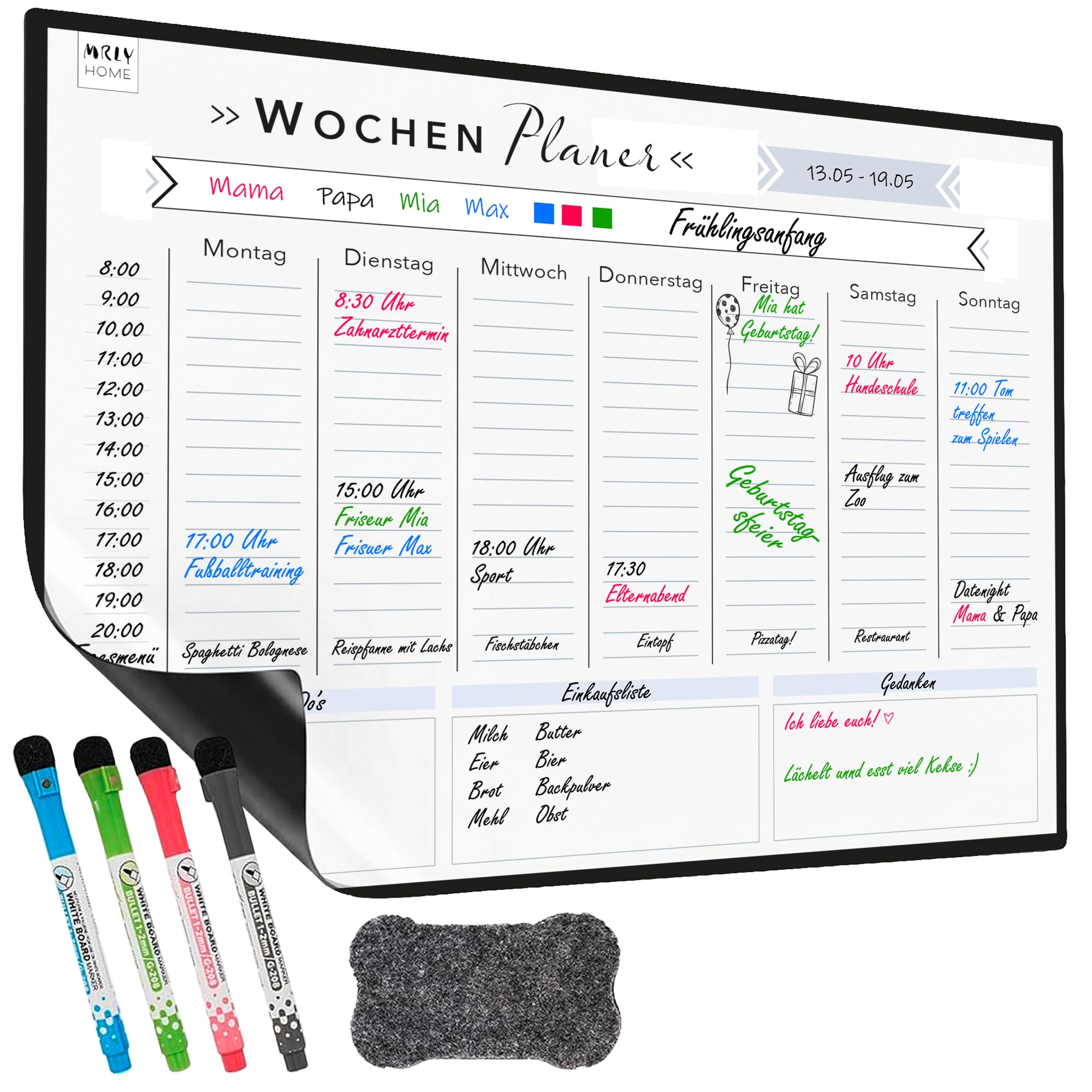 Rosenfeld - Magnetic weekly planner - fridge whiteboard - wipe-clean magnetic board for organisation, menu planning and shopping list - includes 4 markers & erasers