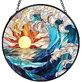 XFCICRLJ Sun Coastal Ocean Suncatcher Stained Glass Window Hanging, Ocean Waves Sunshine Sun Catchers Indoor Window Glass Wall Art Decor, Nautical Beach Wall Hanging Decor, 7.9x7.9 Inch 039-MH-BLGH