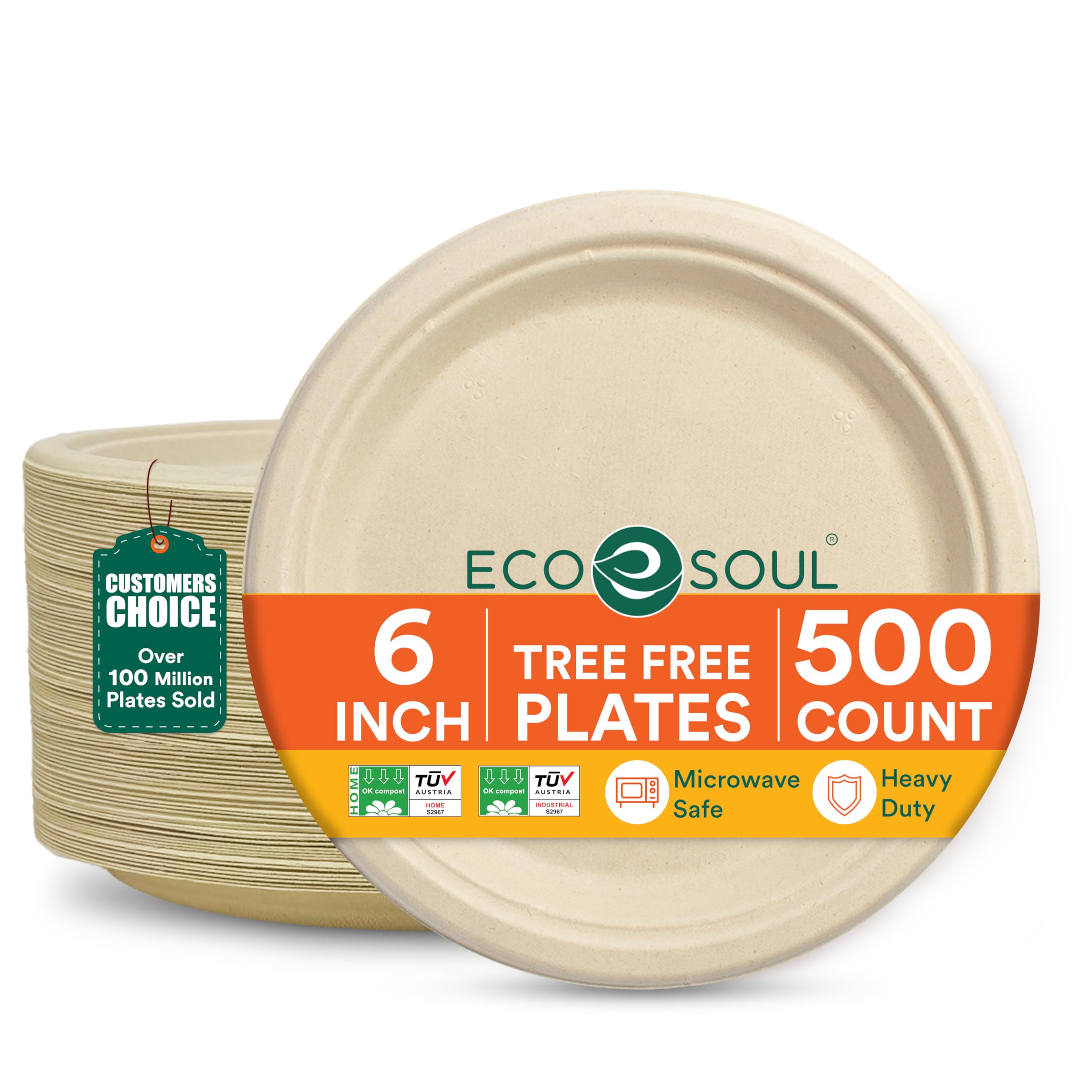 ECO SOUL 6 Inch Compostable Disposable Paper Plates [500 Pack] Food Safe 100% Virgin Bagasse Pulp Heavy Duty Microwave Safe Small Round Dessert Appetizer Plate for Party, Picnic & BBQ (Brown) Image
