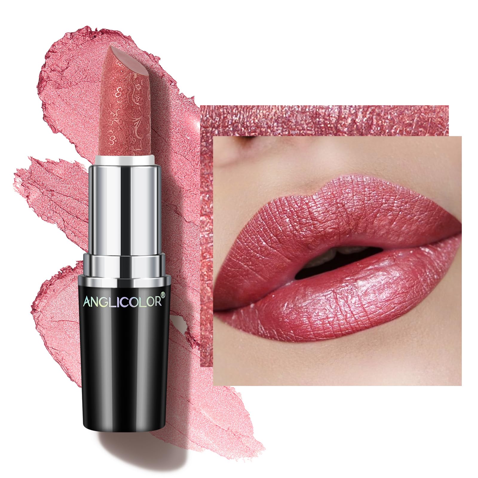 Anglicolor Glitter Metallic Pink Lipstick,High Impact Lipcolor,Lightweight Hydrating Formula Smooth and Non-Sticky,Rose Lipstick For Women,Full-Coverage Lip Makeup(01 COSMOPOLIS, 4g) — image 1