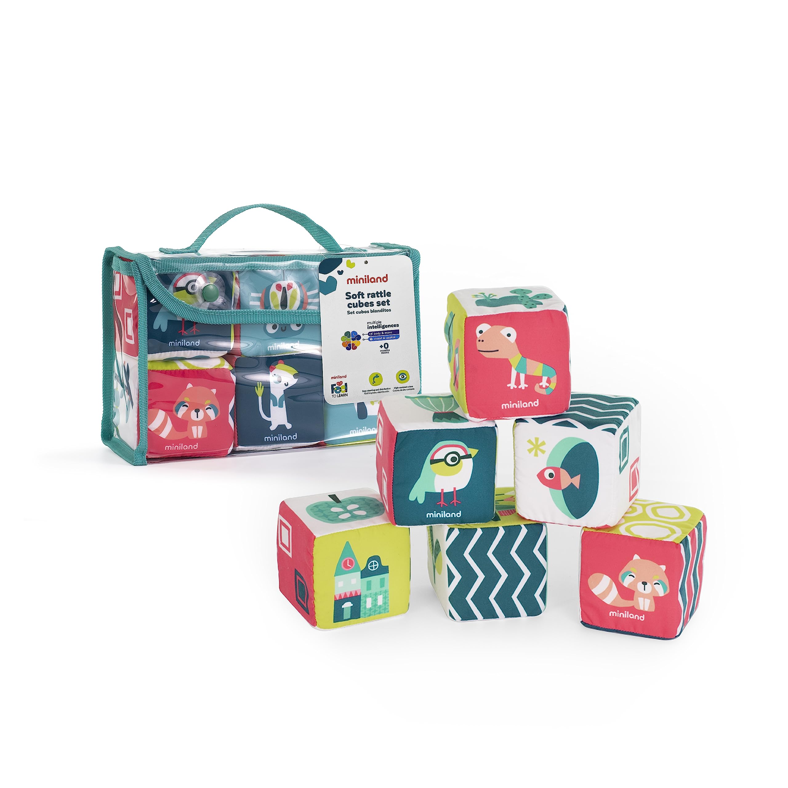 Miniland Set de cubos blanditos con sonajero para bebé. Juego de estimulación sensorial para niños de 0 a 6 meses. Colección Feel to Learn.