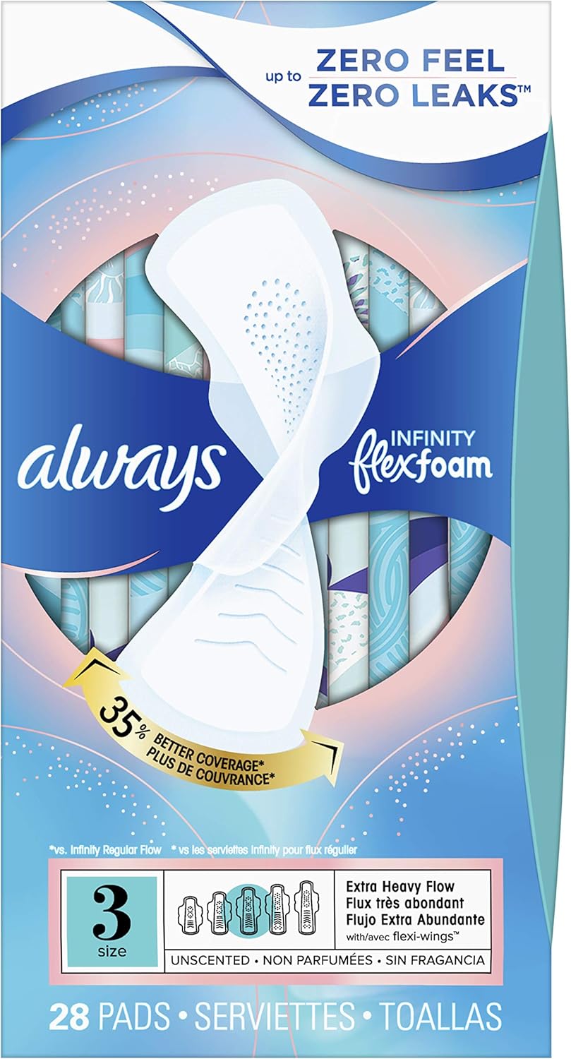 Always Infinity Feminine Pads for Women, Size 3, Extra Heavy Flow Absorbency, with Wings, Unscented, 28 Count, Pack of 3: Health & Personal Care
