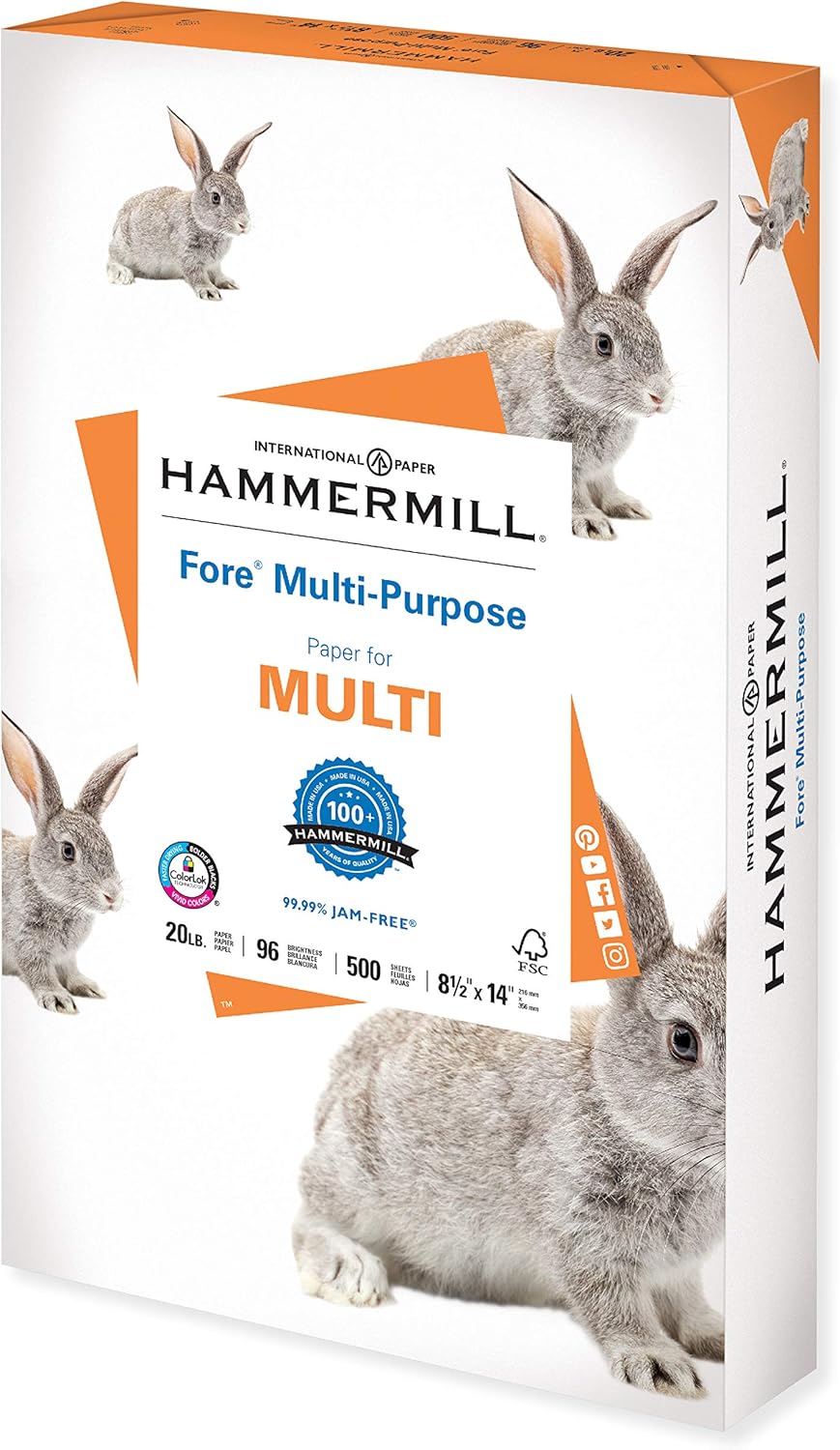 Hammermill Printer Paper, Fore Multipurpose 20 lb Copy Paper, 8.5 x 14 - 1 Ream (500 Sheets) - 96 Bright, Made in the USA, 103291: Office Products
