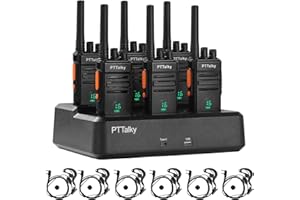 PTTalky FR1 Plus Walkie Talkies with 6-Way Charging Station, Long Range 2 Way Radios, with Hidden Display, USB-C, 1200mAh Rec