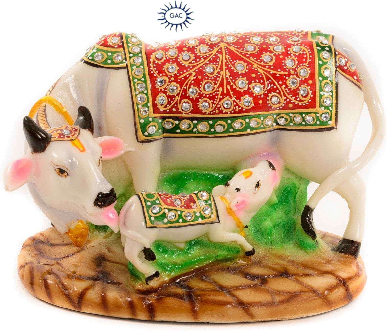 GAC Decorative Marble Dust Cow with Calf Idol Showpiece (10.3x7.6x5 Inch, Multicolour)