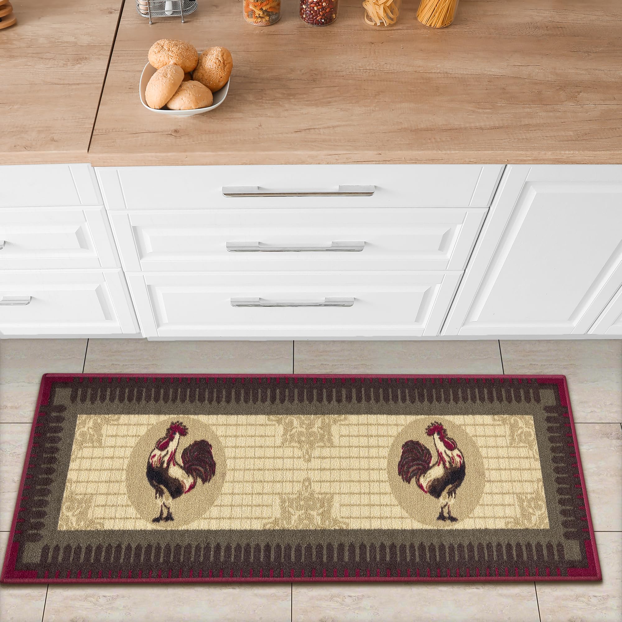 Ottomanson Siesta Collection Kitchen Rooster Design Rubberback Runner Rug, 50 cm x 150 cm, Beige