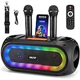 Delxo Karaoke Machine with 2 Wireless Microphones for Adult, Powerful Portable Bluetooth Speaker Loud for Party, PA System Remote Singing Machine with LED Lights, Support BT TWS USB TF, Gift
