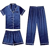 Ekouaer Silk Pajamas for Women Set Satin Pjs Soft Short Sleeve Button Down Sleepwear 3 Piece Loungewear S-XXL