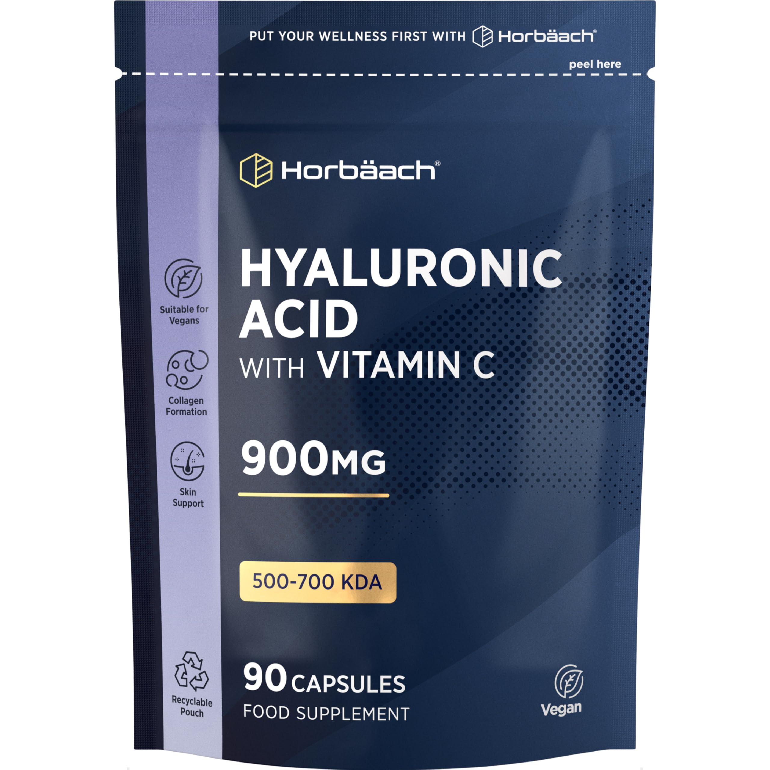 Hyaluronic Acid Supplement 900mg (500-700 KDA) | High Strength Vegan Bioavailable Formula with Vitamin C | 90 Capsules | by Horbaach